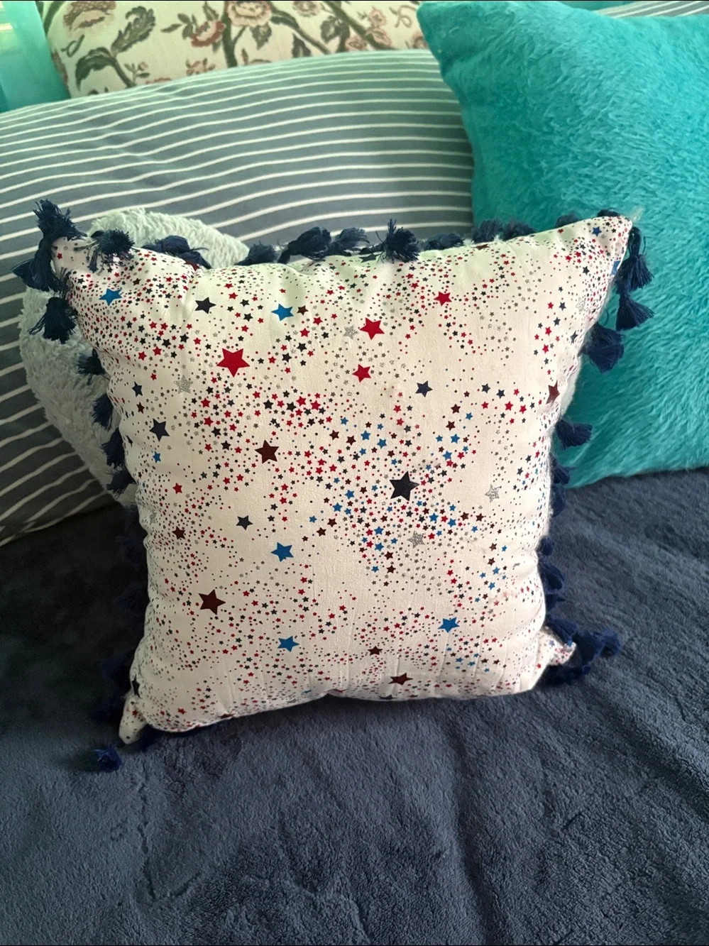 Star Print Decorative Throw Pillow - White with Red & Blue Stars